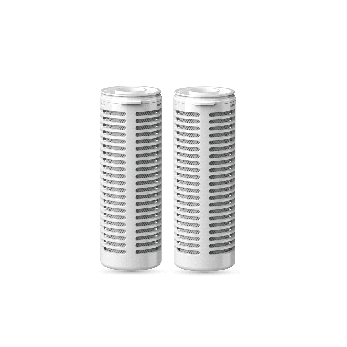 Two white cylindrical filter cartridges on a white background