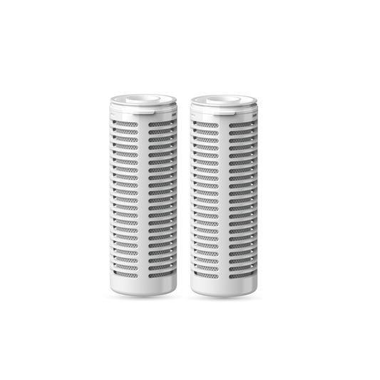Two white cylindrical filter cartridges on a white background