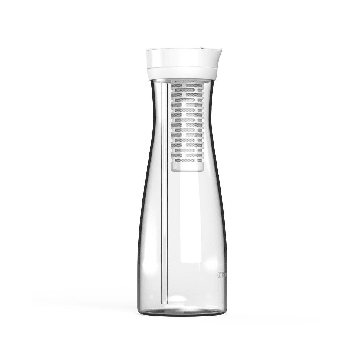 Clear carafe with white lid on a white background