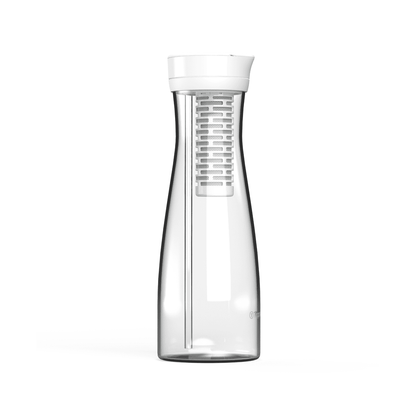 Clear carafe with white lid on a white background
