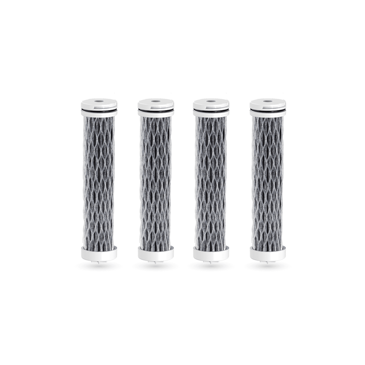Four cylindrical filters with honeycomb pattern on a white background