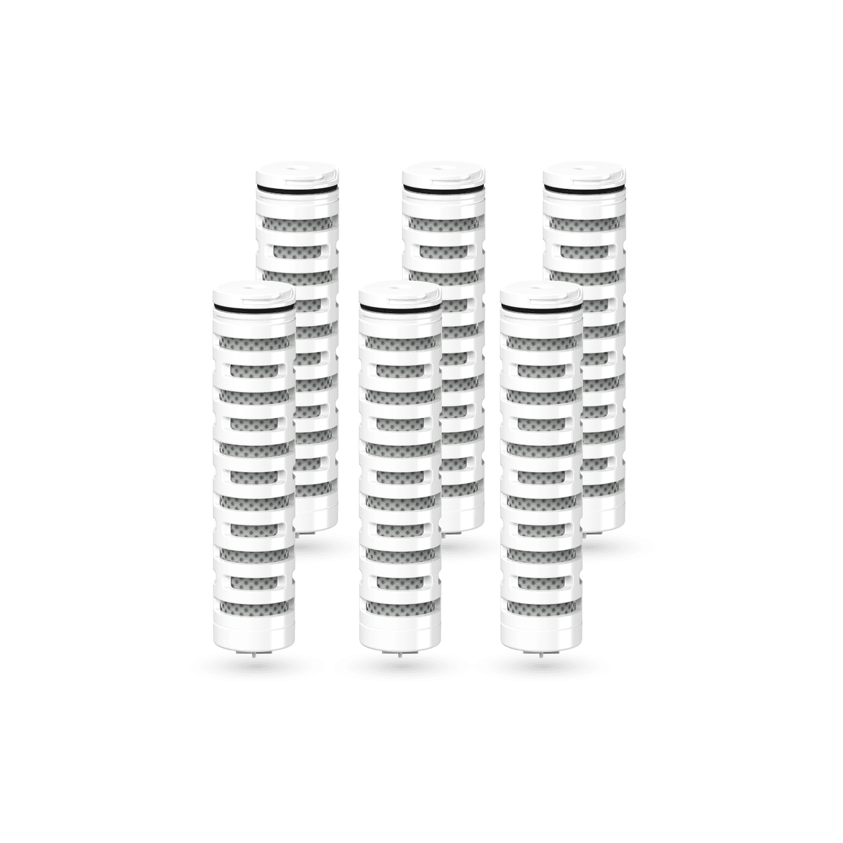 Set of white cylindrical filters with black stripes on a white background