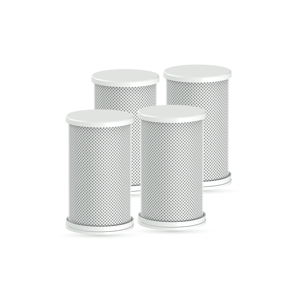Four cylindrical air filter cartridges on a white background